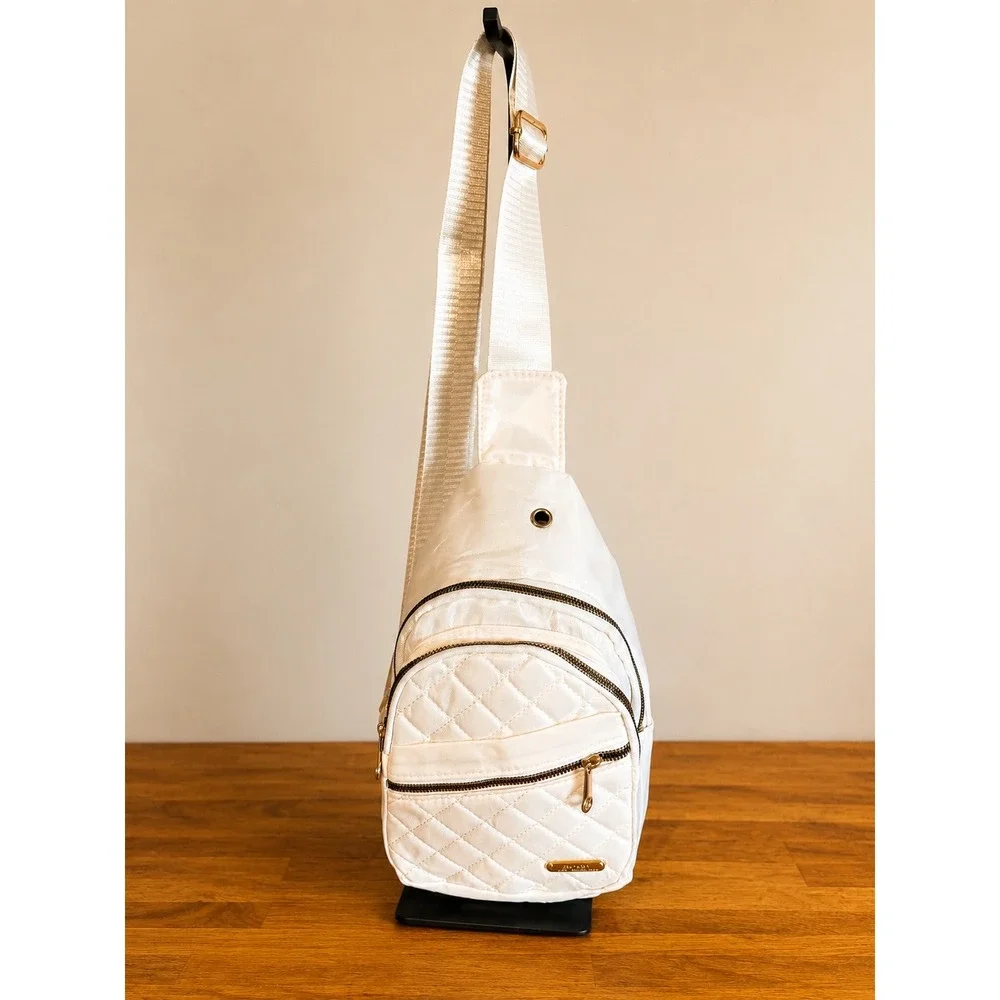 Cream Quilted Nylon Sling Bag Crossbody Backpack Gold Hardware NWOT